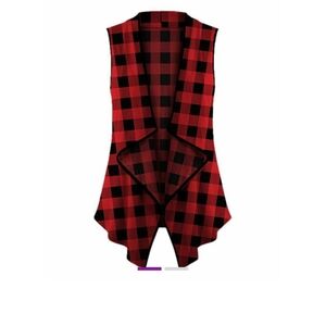 🆕Red & Black Plaid Drape-Front Open Vest